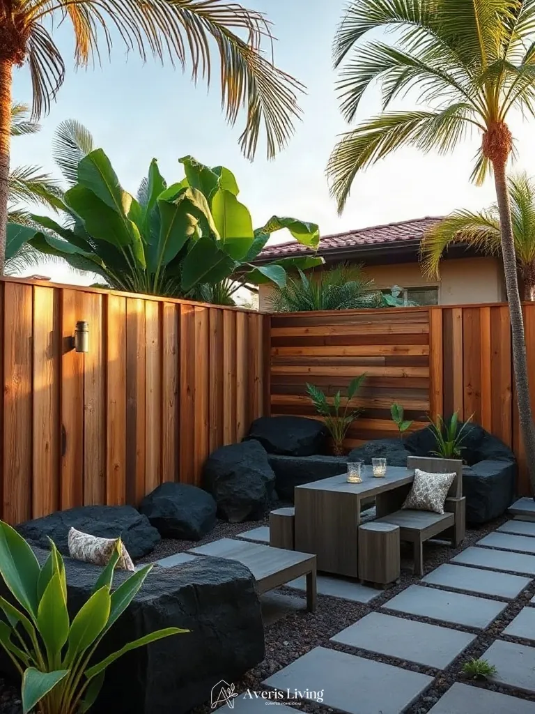 Hardwood and stone combined in a tropical retaining wall