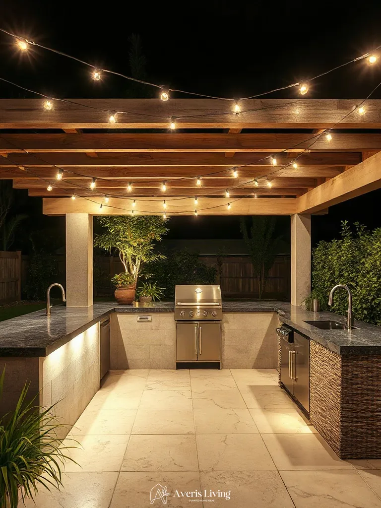 Outdoor kitchen featuring integrated lighting and string lights