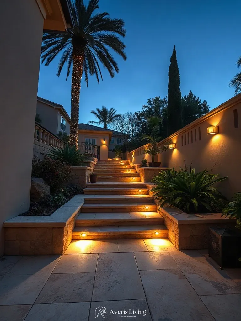 Integrated lighting in backyard retaining wall