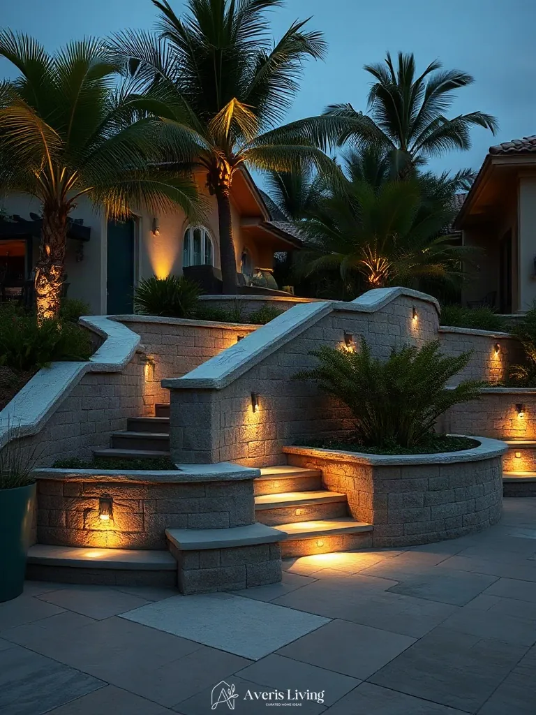 Recessed architectural lighting in a tropical retaining wall
