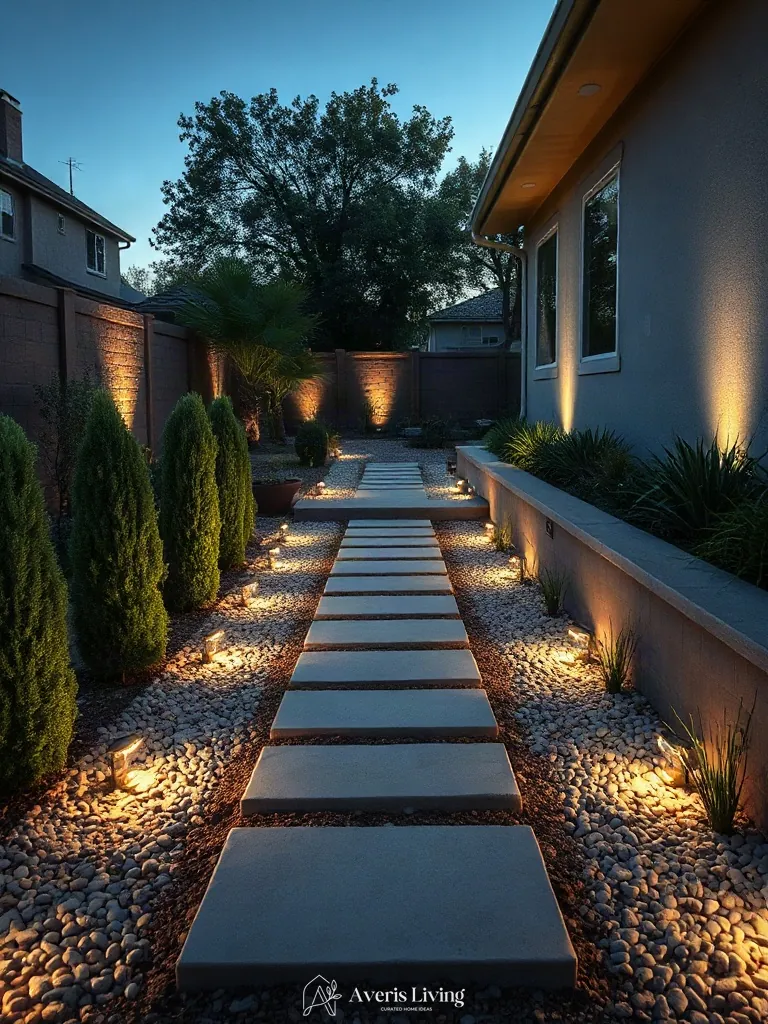 Integrated lighting enhancing safety along backyard stone steps