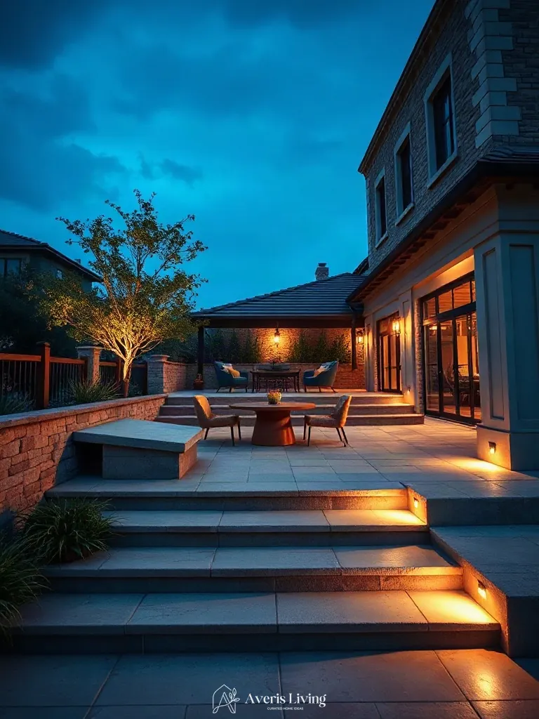 Integrated architectural step lighting illuminating an outdoor patio terrace.