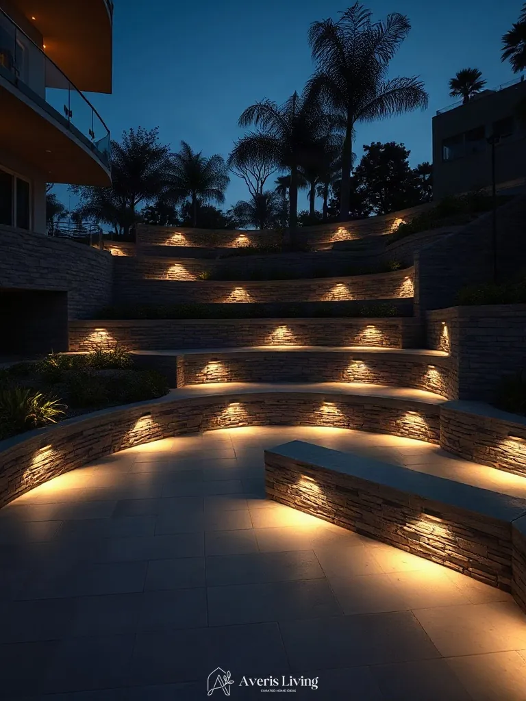 Integrated linear lighting on backyard retaining wall