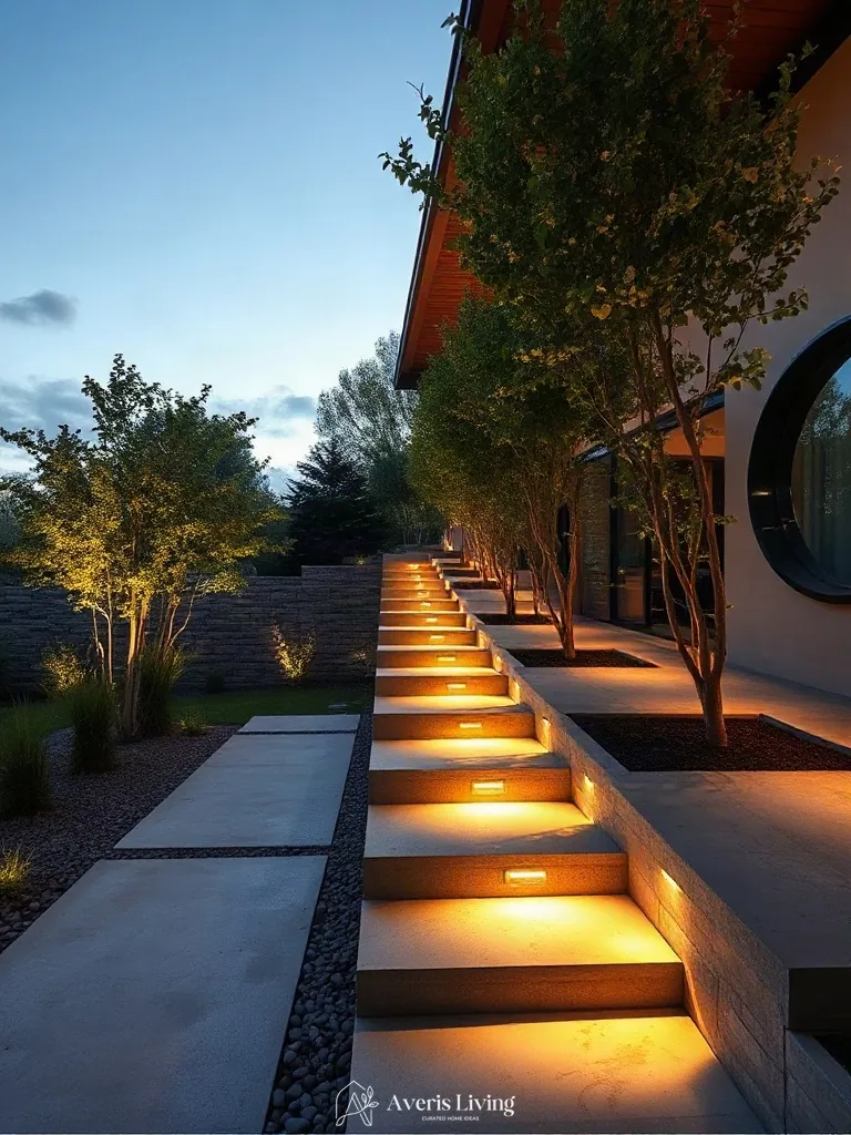Recessed architectural step lights integrated into modern backyard pavers