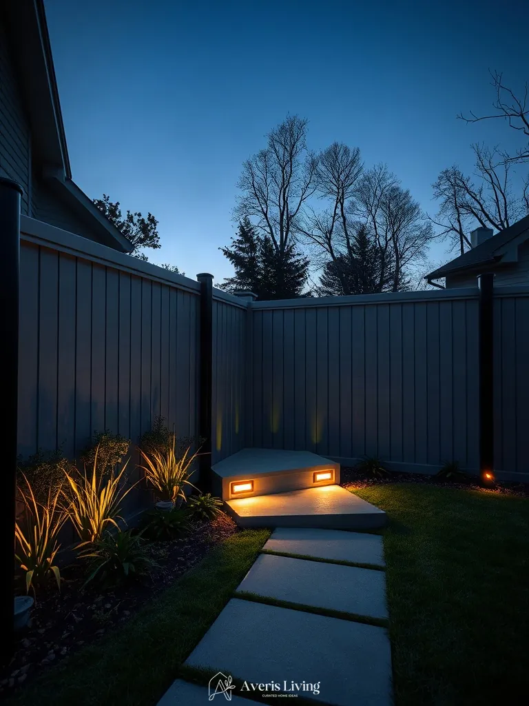 Integrated LED lighting on modern backyard privacy fence