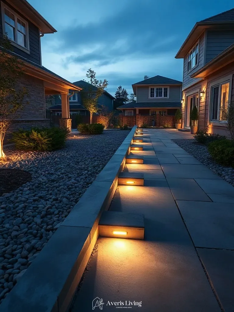 Integrated recessed architectural lights beside slate stepping stones