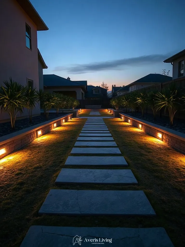 Integrated architectural lighting along a modern backyard stepping stones design