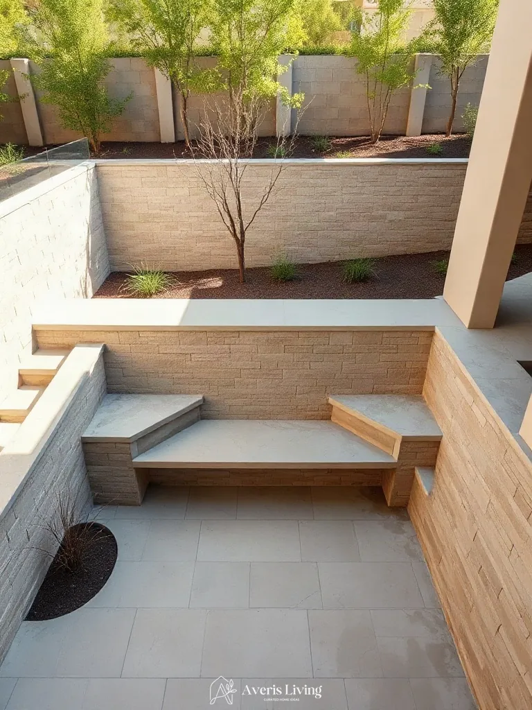 Integrated architectural stone bench seating built into a retaining wall