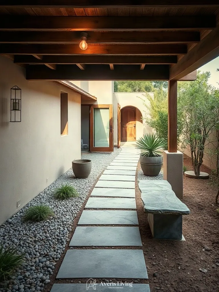 Integrated stone bench seating alongside a drought-tolerant pathway