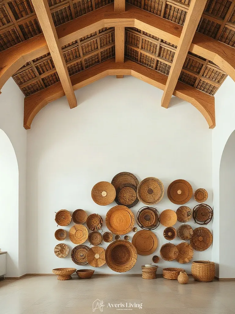 Exposed ceiling beams framing an interior space with a woven basket wall display.