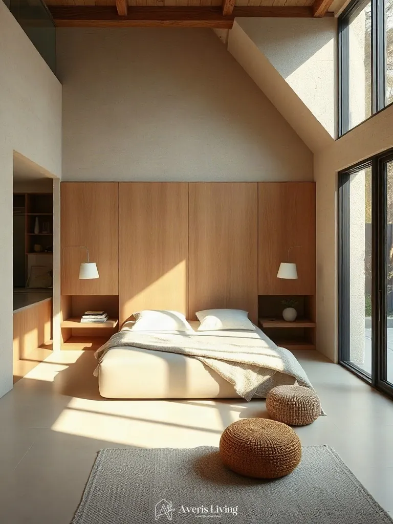 Concealed storage systems in an earthy boho bedroom aesthetic