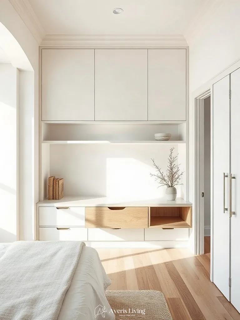 Custom millwork featuring integrated floating nightstands in a modern bedroom