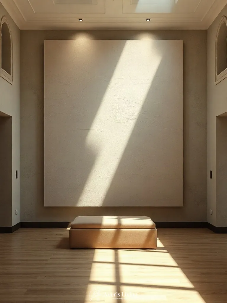 Recessed floor uplighting creating depth around a modular storage ottoman