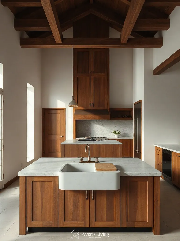 Integrated prep station and sink on a rustic wood kitchen island.