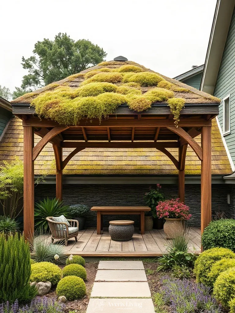 Living green roof on a custom backyard gazebo
