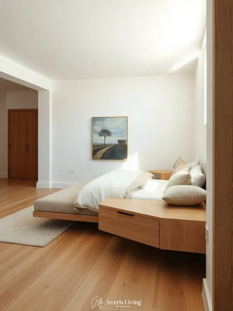 Floating white oak credenza positioned across from neutral farmhouse bedding sets