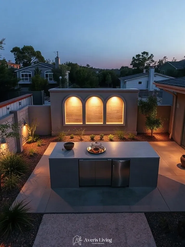 Integrated outdoor living station in a low maintenance backyard landscaping design.