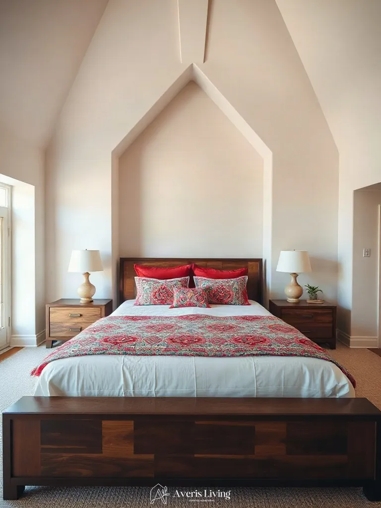 Bed placement aligned with architectural axes featuring colorful bohemian bedding