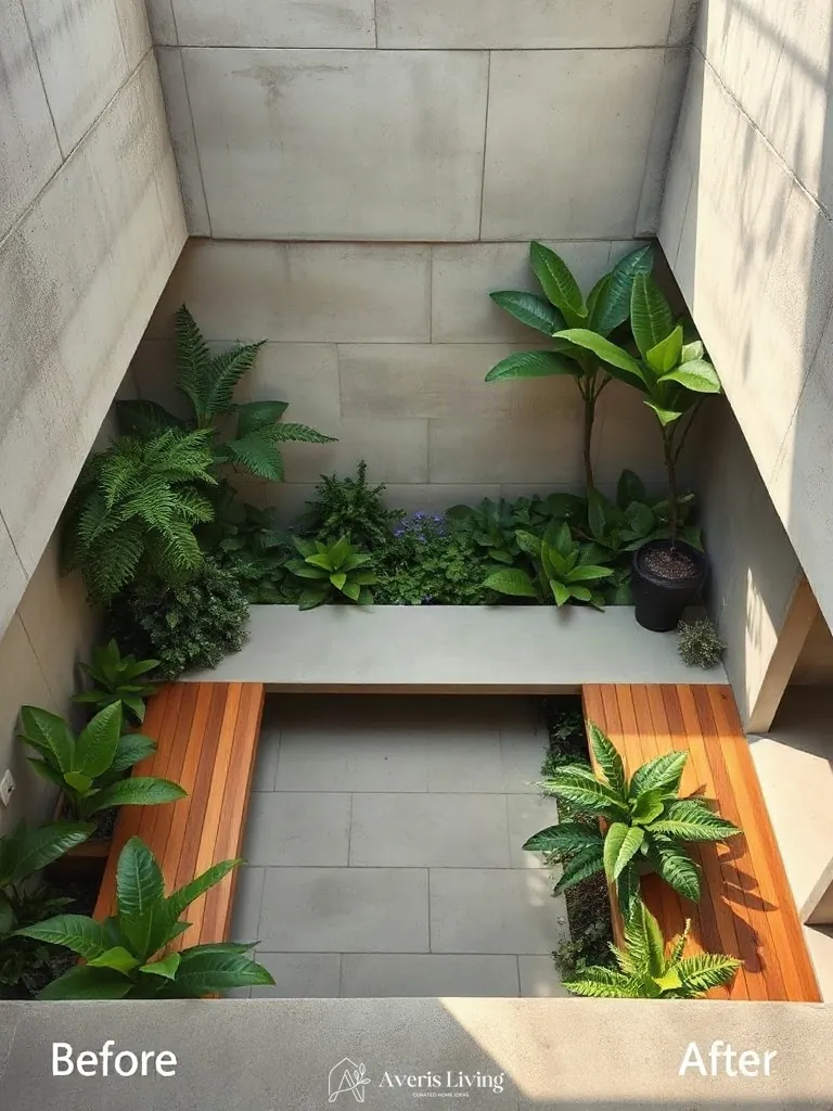 Built-in lounge seating in a tropical backyard herb garden before and after