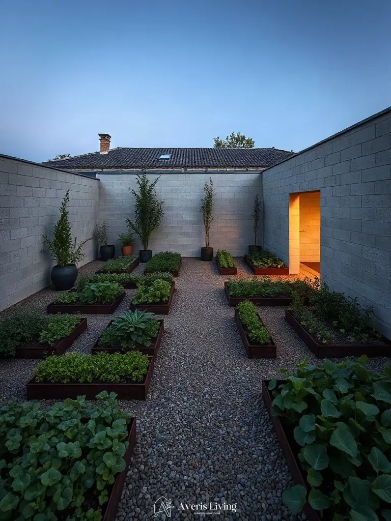 Corten steel edging and dividers within a no grass backyard vegetable garden layout