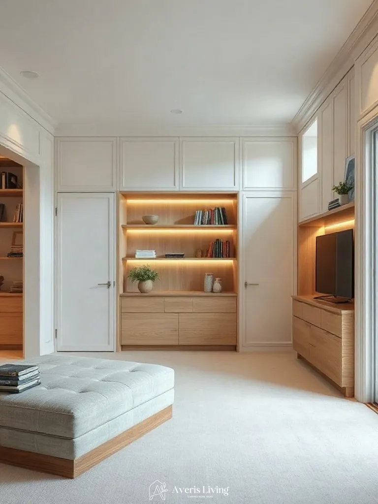 Custom architectural millwork pairing seamlessly with a bespoke wooden storage ottoman