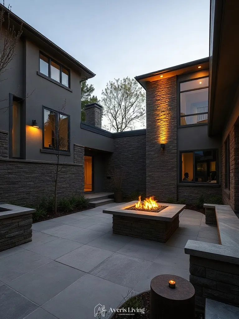 Fire feature integrated with retaining walls