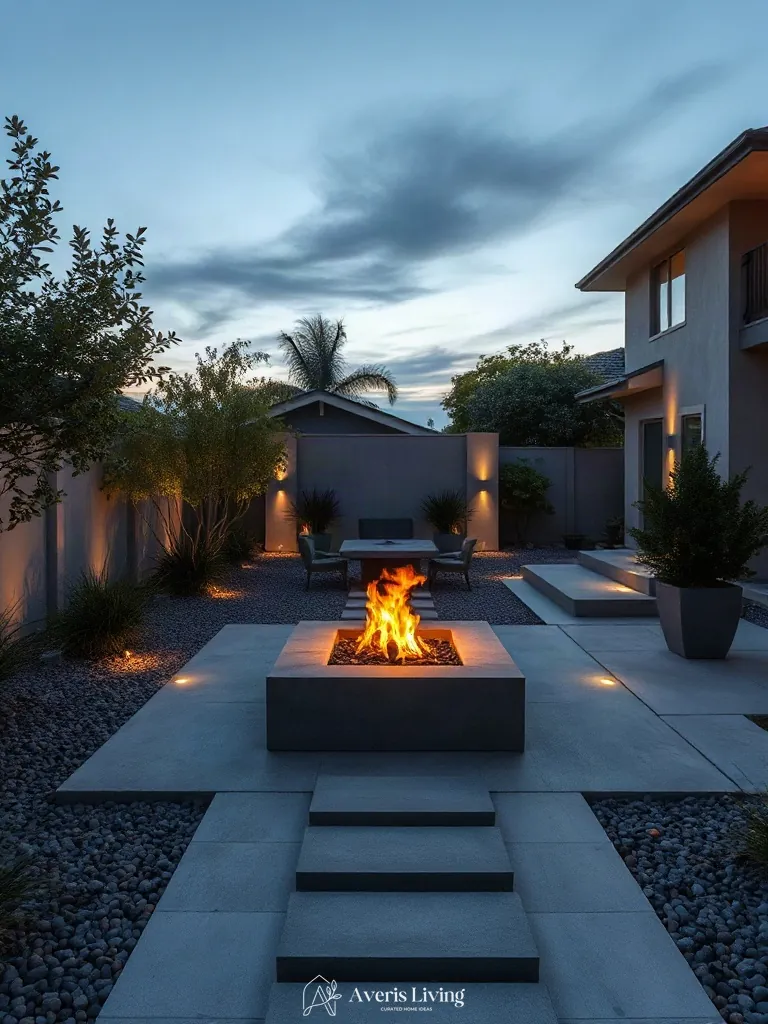 Fire feature integrated with a modern backyard stepping stones makeover