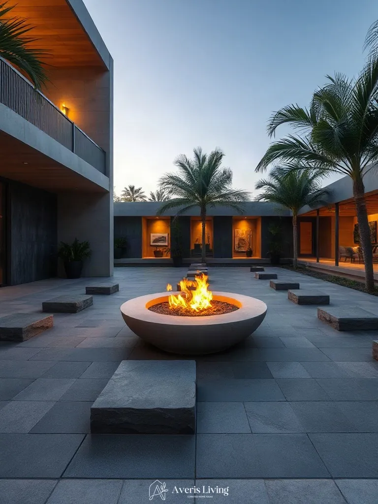 Modern fire feature integrated near tropical stepping stones