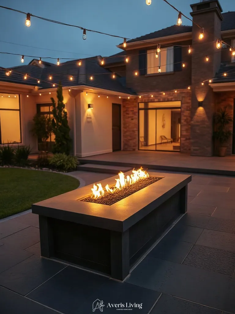 Linear gas fire feature glowing beneath backyard string lights