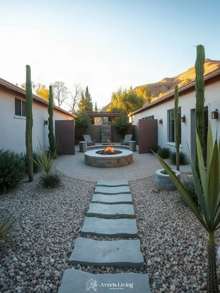 Stone fire pit area accessed via drought tolerant stepping stones