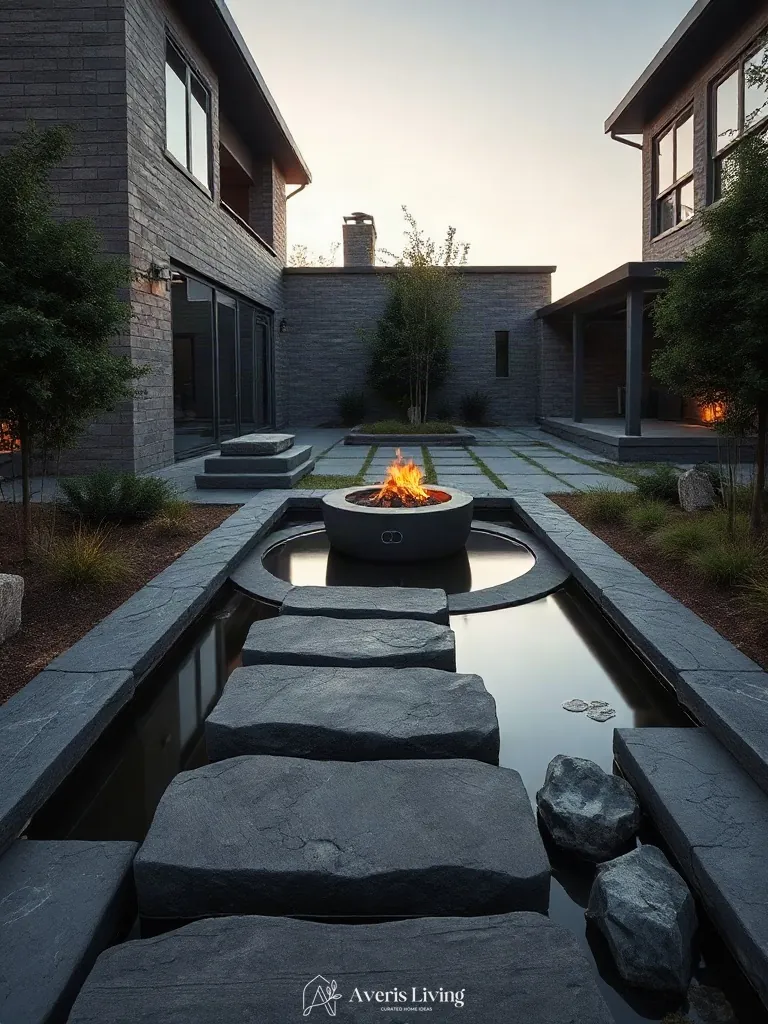 Basalt stepping stones crossing a water feature toward a fire pit