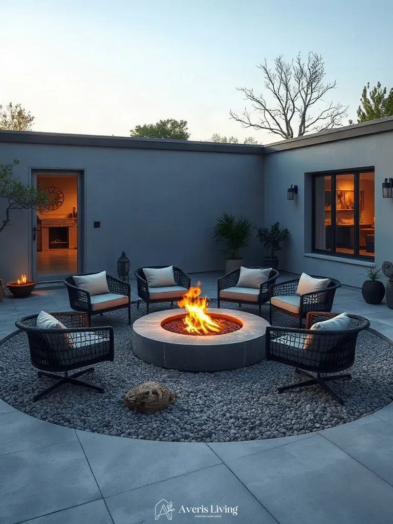 Modern stone fire pit integrated harmoniously with boho patio seating ideas.