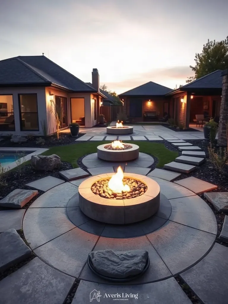 Stepping stones surrounding a modern minimalist fire pit feature