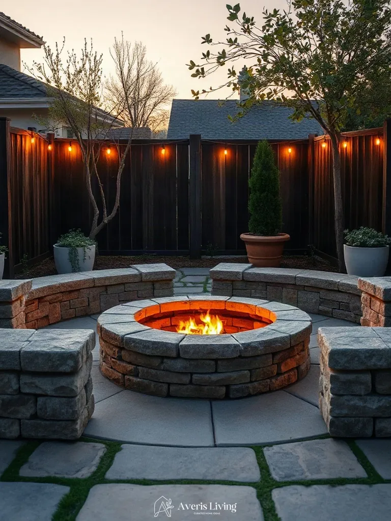 Fire pit integrated near rustic fence layout