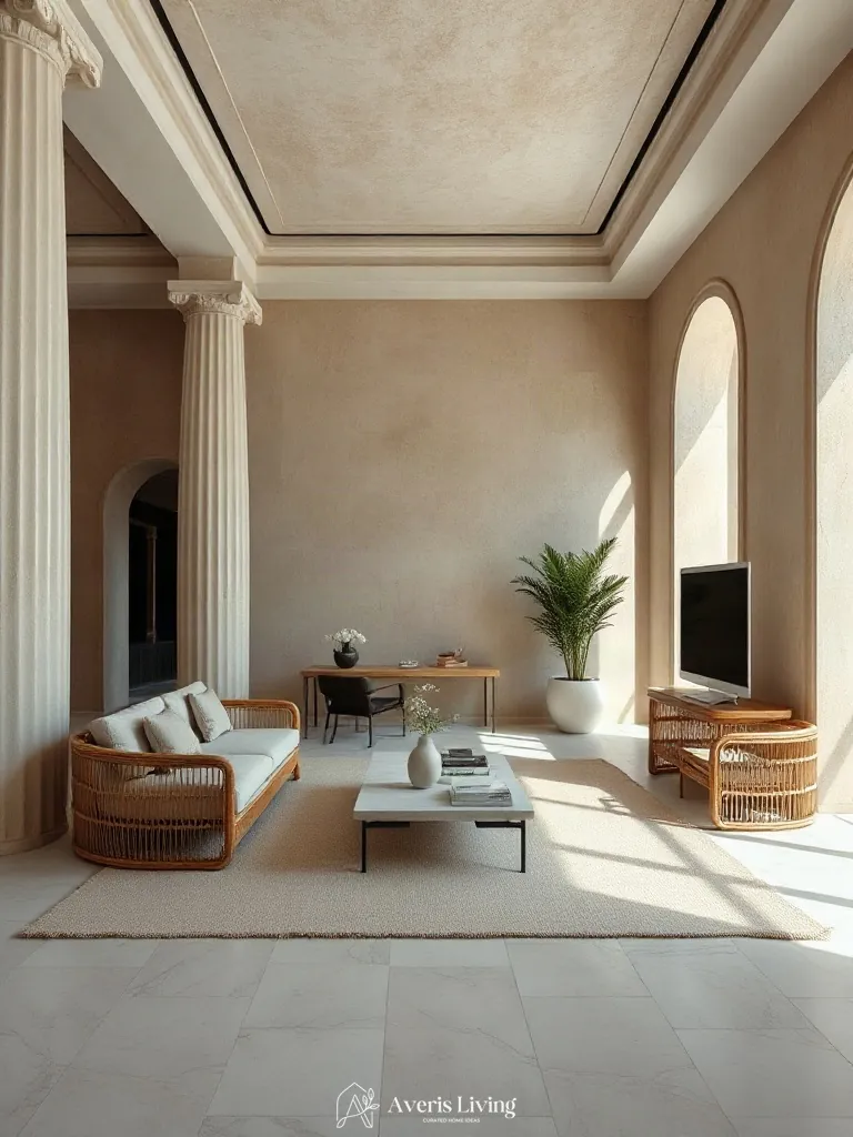 Fluted millwork details paired with rattan furniture living room styling