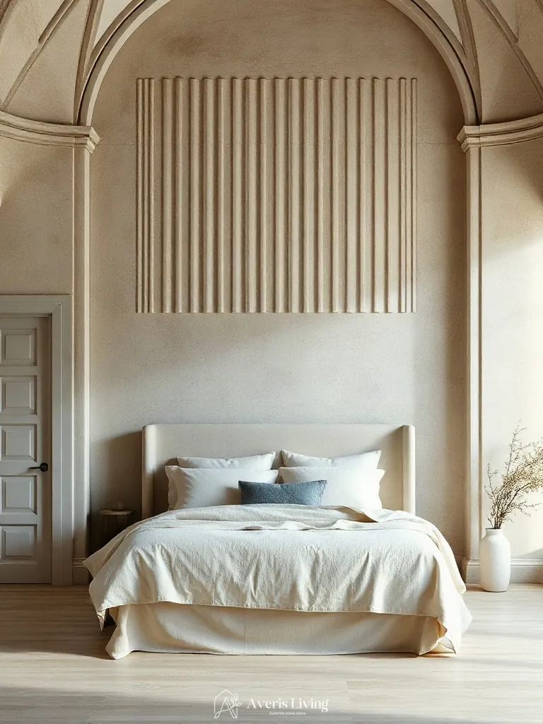 Fluted plaster millwork backdrop highlighting neutral farmhouse bedding sets