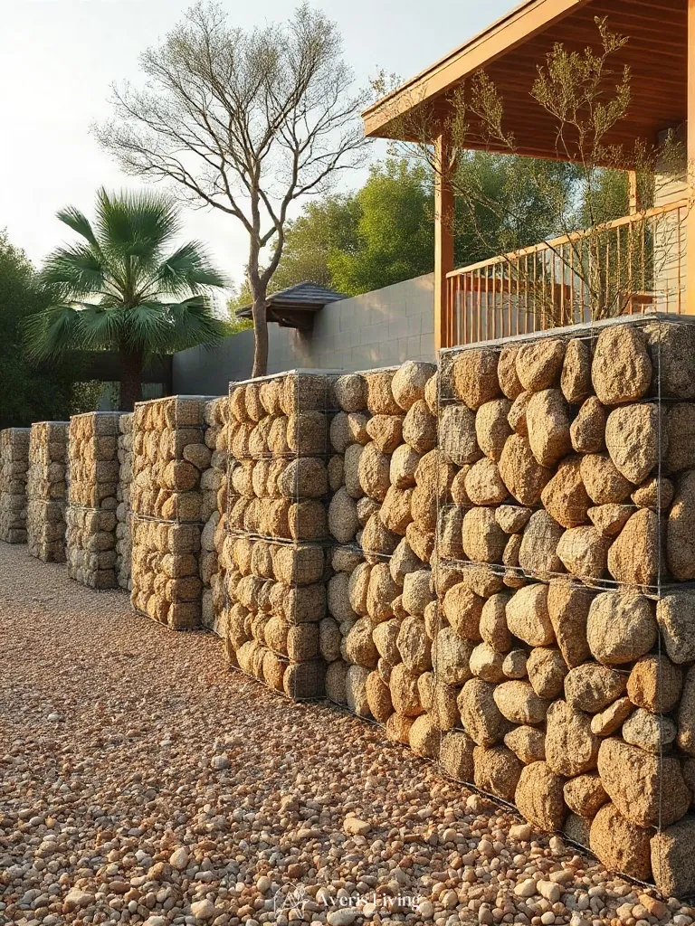 Gabion basket retaining wall in a modern backyard