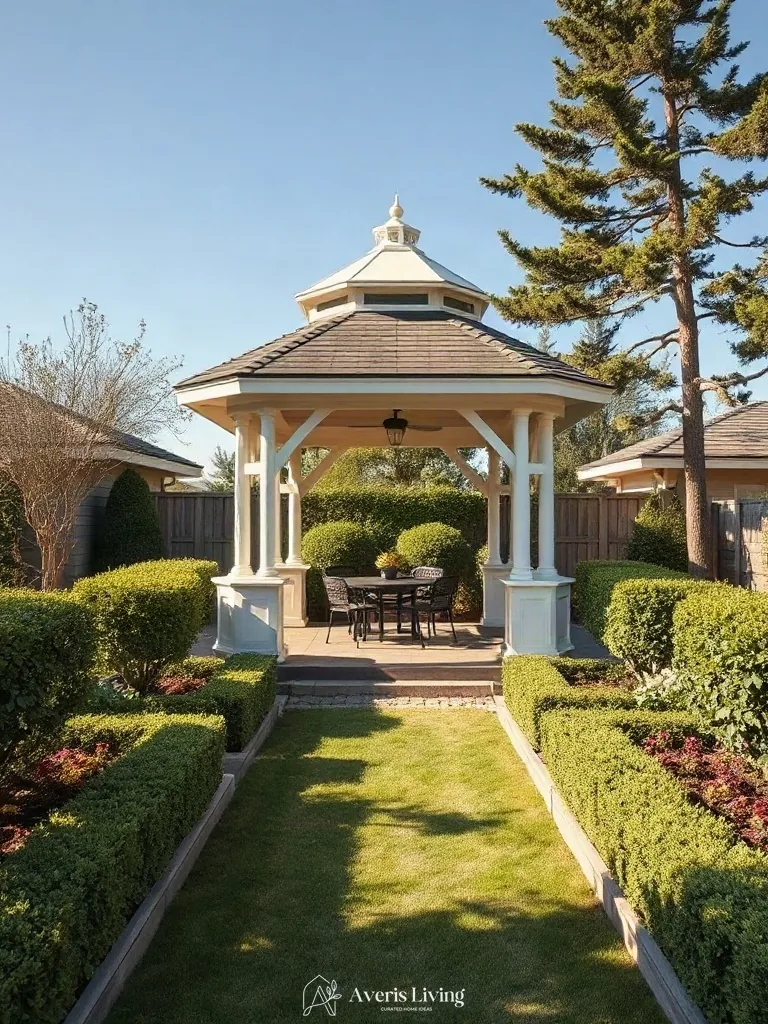 Backyard gazebo integrated seamlessly with structural landscape borders