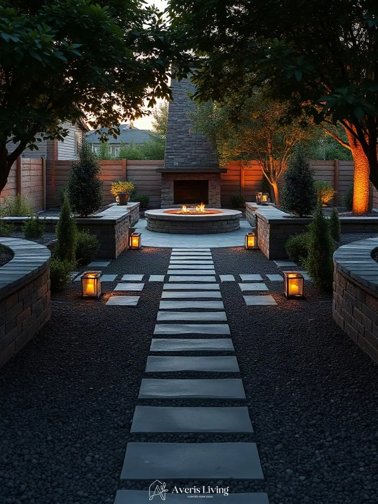 Fire feature integrated with shade backyard stepping stones before and after