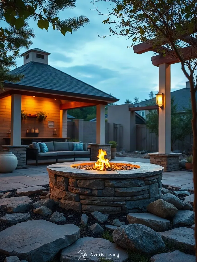 Fire feature integrated beside an aesthetic backyard gazebo design