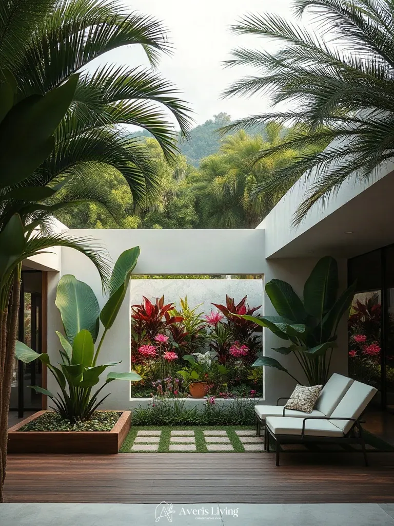 Open vista tropical backyard flower bed design inspiration with multi-tier foliage