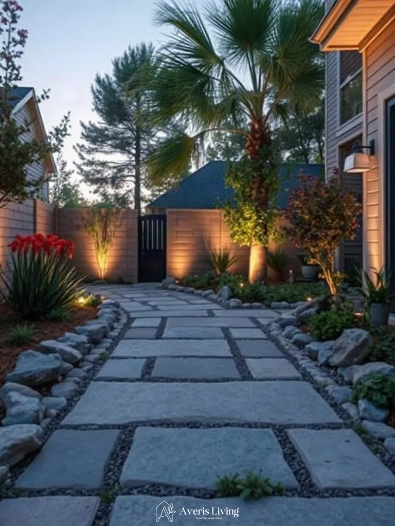 Integration of shade backyard stepping stones before and after with landscape borders