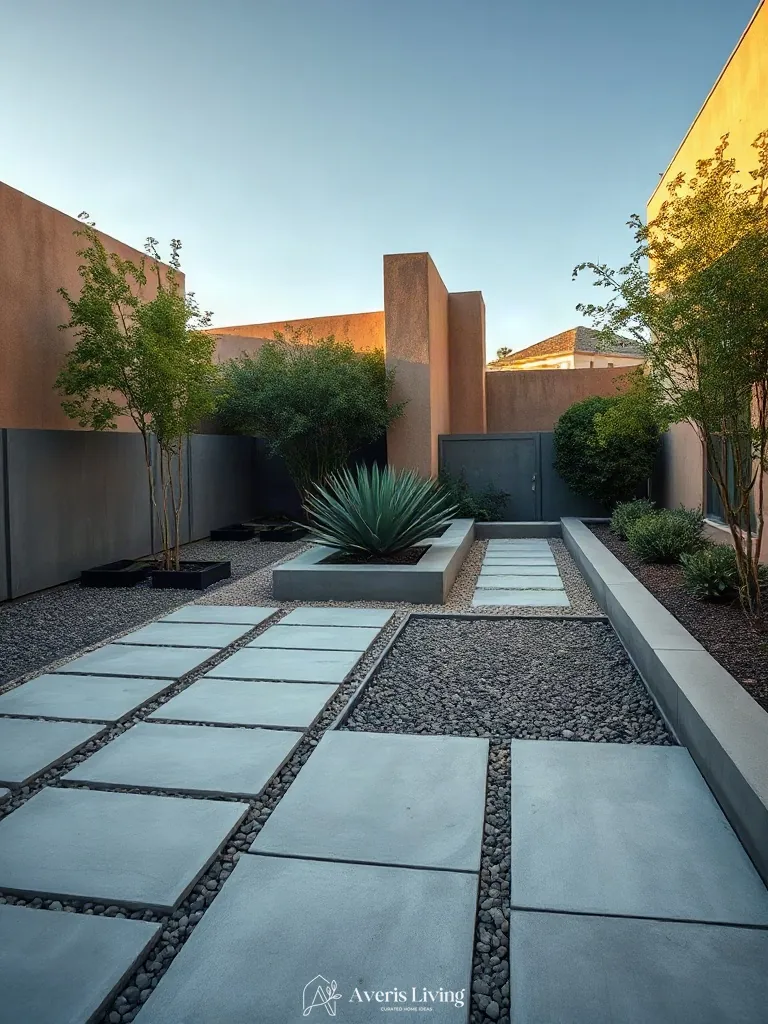 Square concrete stepping stones integrated with steel landscape borders