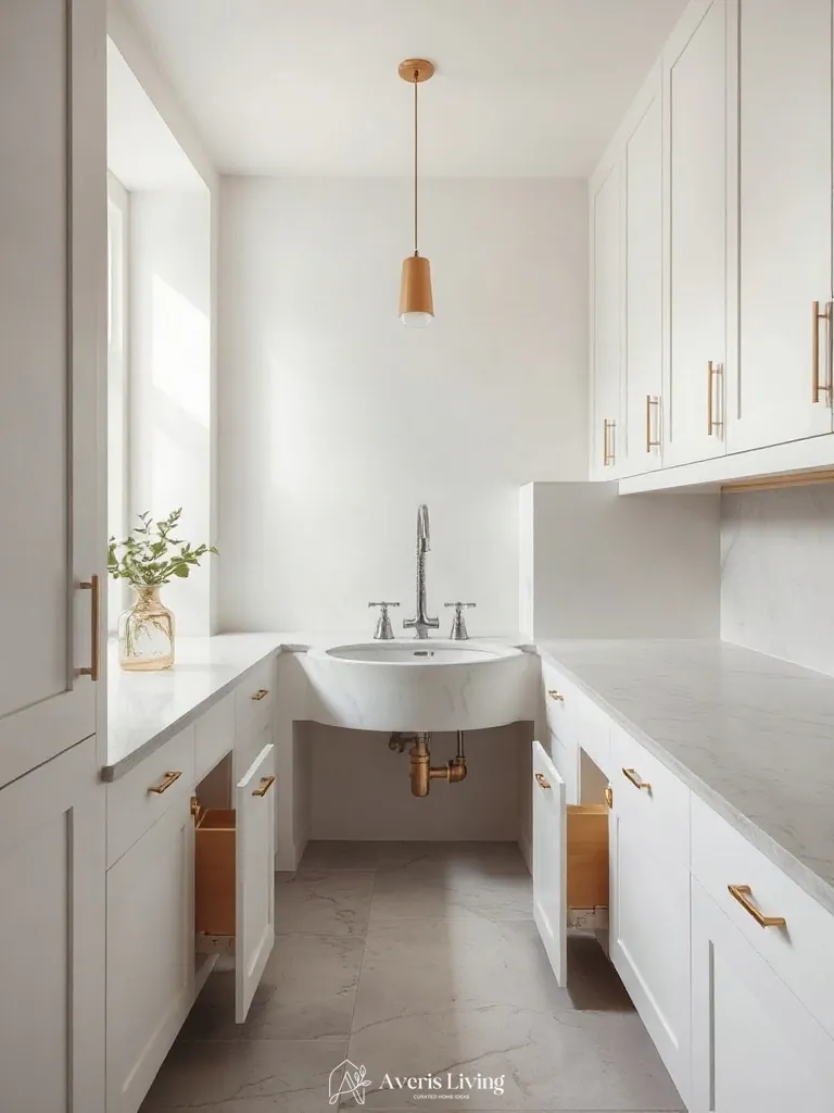 Plumbing integration and under sink storage solutions kitchen layout.