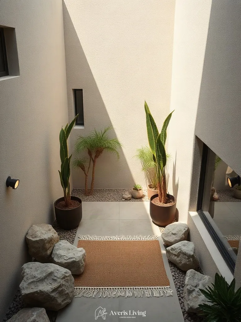 Earthy elements and an outdoor rug boho style in a courtyard