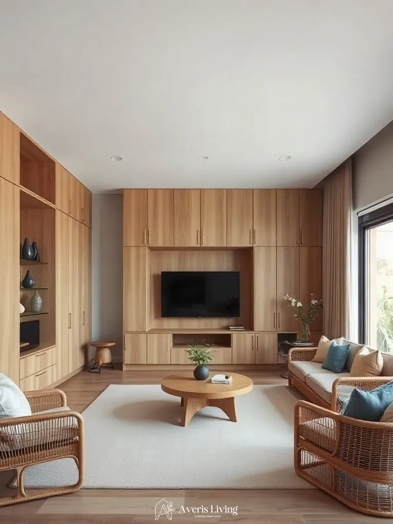Rift-cut white oak joinery paired with rattan furniture living room styling