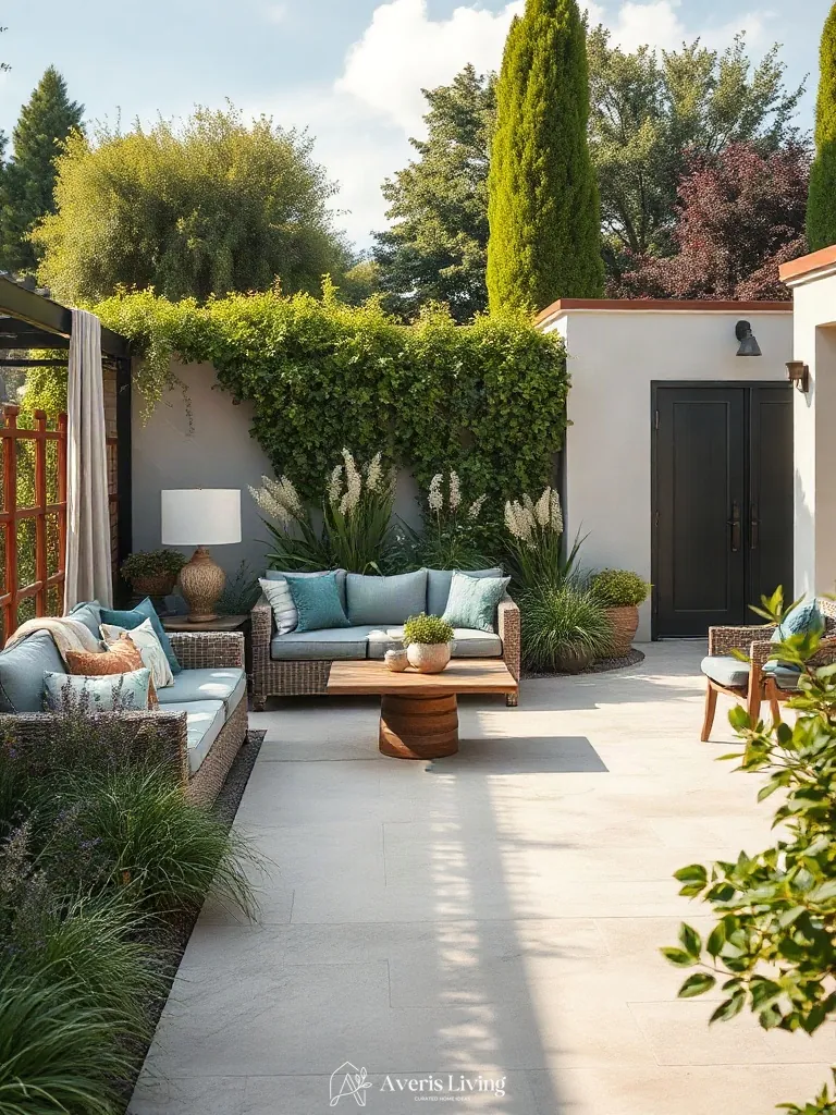 Boho patio seating ideas integrated seamlessly into surrounding garden landscape borders.