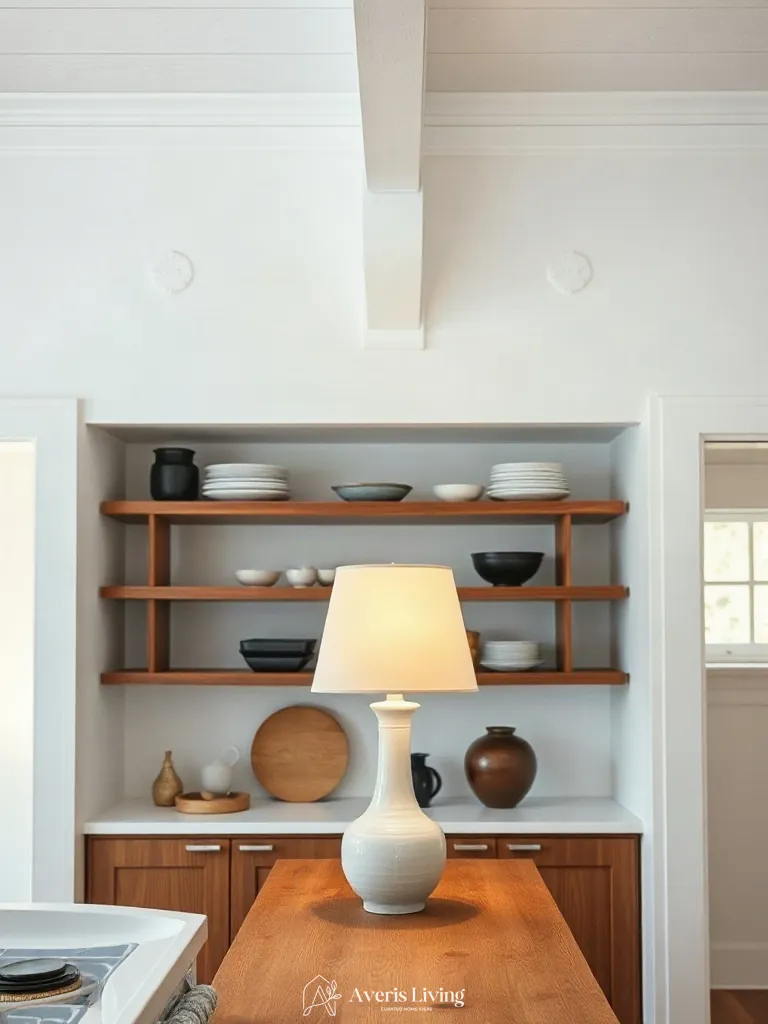 Soft table lamp lighting in an open shelving farmhouse kitchen