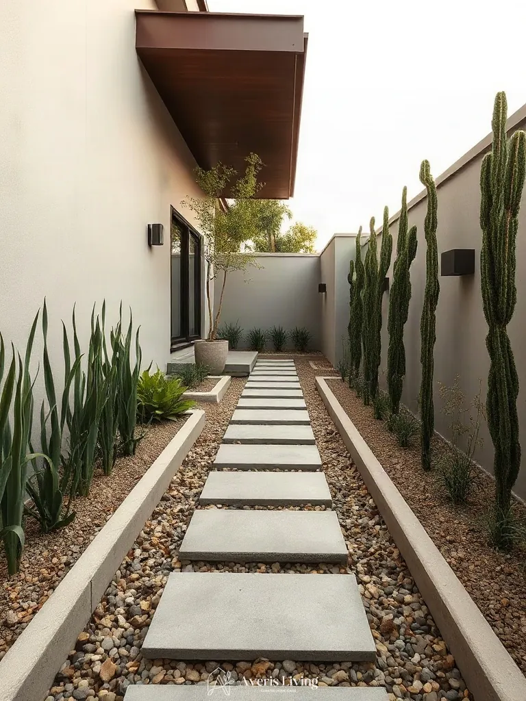 Concrete stepping stones bordered by clean metal landscape edging