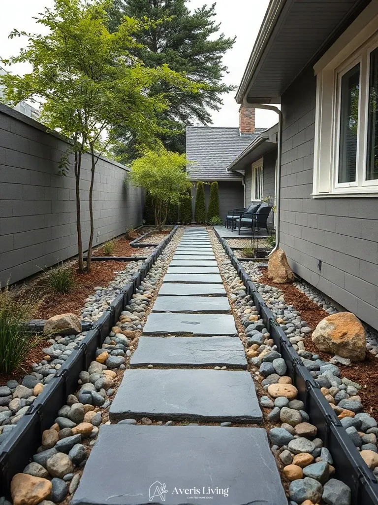 Stepping stones integrated with clean landscape metal borders